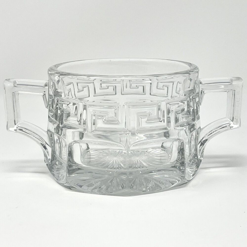 Vintage Heisey GREEK KEY Clear Open Sugar Bowl With Handles
